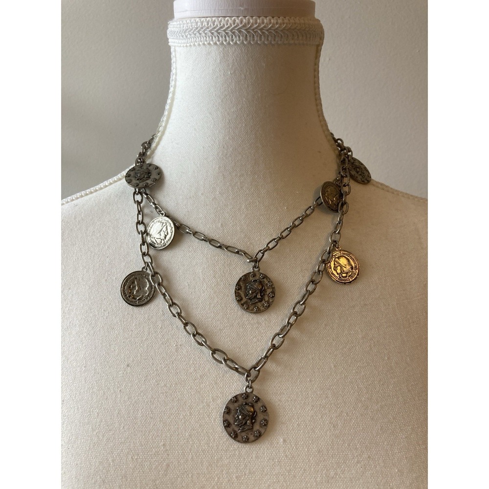 Silver‎ Tone Coin Charm Necklace Layered Boho Multi Strand Tarnished Look